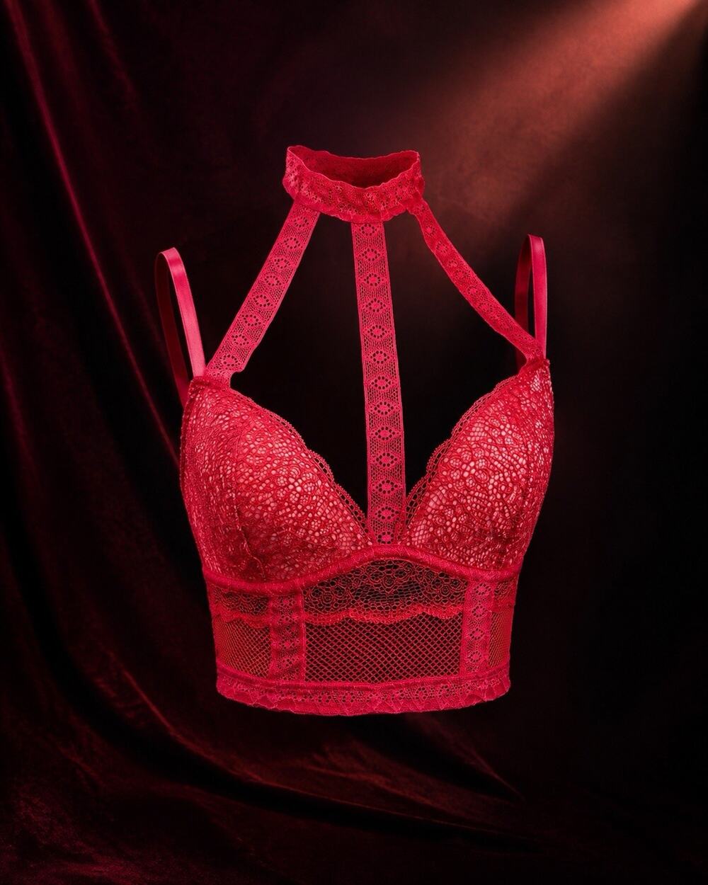 Victoria’s Secret Red Lace Longline Bra 34C Choker Harness Strappy Corset Top